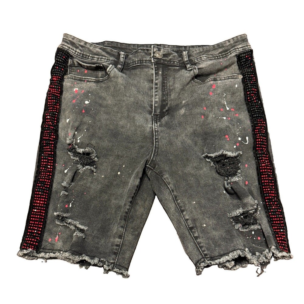Rue 21 Men’s Size 36 Black Distressed Denim Supreme Flex Shorts -Splatter, Bling